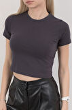 Kadın Bisiklet Yaka Pamuklu Basic T-Shirt Antrasit – MS0000102
