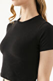 Kadın Bisiklet Yaka Pamuklu Basic Crop T-Shirt Siyah – MS0000102