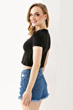 Kadın Bisiklet Yaka Pamuklu Basic Crop T-Shirt Siyah – MS0000102