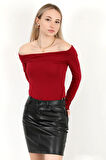 Kadın Kayık Yaka Uzun Kol Basic Bluz Bordo - MS0000505