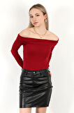 Kadın Kayık Yaka Uzun Kol Basic Bluz Bordo - MS0000505