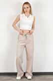 Kadın Beli Lastikli Bağcıklı Bol Paça Pantolon Taş - 4707