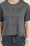 Kadın Bisiklet Yaka Fiyonk Baskılı T-Shirt Antrasit - 925027