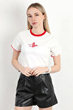 Kadın Bisiklet Yaka Kuş Nakışlı T-Shirt Beyaz - 925053