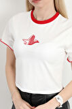 Kadın Bisiklet Yaka Kuş Nakışlı T-Shirt Beyaz - 925053