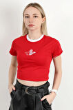 Kadın Bisiklet Yaka Kuş Nakışlı T-Shirt Kırmızı - 925053