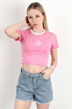 Kadın Bisiklet Yaka Kuş Nakışlı T-Shirt Pembe - 925053