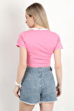 Kadın Bisiklet Yaka Kuş Nakışlı T-Shirt Pembe - 925053