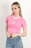 Kadın Bisiklet Yaka Kuş Nakışlı T-Shirt Pembe - 925053
