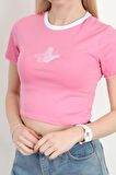 Kadın Bisiklet Yaka Kuş Nakışlı T-Shirt Pembe - 925053