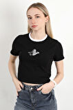 Kadın Bisiklet Yaka Kuş Nakışlı T-Shirt Siyah - 925053