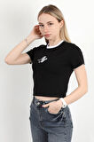 Kadın Bisiklet Yaka Kuş Nakışlı T-Shirt Siyah - 925053