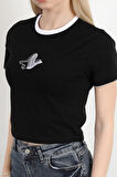 Kadın Bisiklet Yaka Kuş Nakışlı T-Shirt Siyah - 925053