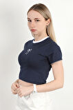 Kadın Bisiklet Yaka Fiyonk Nakışlı T-Shirt Lacivert - 925052