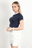 Kadın Bisiklet Yaka Fiyonk Nakışlı T-Shirt Lacivert - 925052