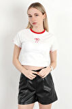 Kadın Bisiklet Yaka Fiyonk Nakışlı T-Shirt Beyaz - 925052