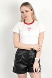 Kadın Bisiklet Yaka Fiyonk Nakışlı T-Shirt Beyaz - 925052