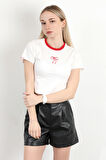 Kadın Bisiklet Yaka Fiyonk Nakışlı T-Shirt Beyaz - 925052
