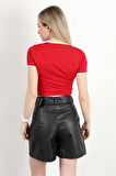 Kadın U Yaka Kalp Nakışlı T-Shirt Kırmızı - 925055