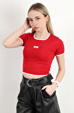 Kadın U Yaka Kalp Nakışlı T-Shirt Kırmızı - 925055