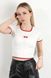 Kadın U Yaka Kalp Nakışlı T-Shirt Beyaz - 925055
