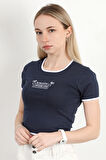 Kadın U Yaka Romantic Nakışlı T-Shirt Lacivert - 925054