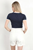 Kadın U Yaka Romantic Nakışlı T-Shirt Lacivert - 925054