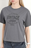 Kadın Bisiklet Yaka Vintage Baskılı T-Shirt Antrasit - 925021