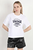 Kadın Bisiklet Yaka Vintage Baskılı T-Shirt Beyaz - 925021