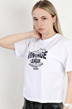 Kadın Bisiklet Yaka Vintage Baskılı T-Shirt Beyaz - 925021