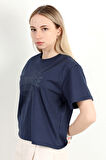 Kadın Bisiklet Yaka Vintage Baskılı T-Shirt Lacivert - 925021