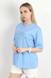 Kadın Bisiklet Yaka California Baskılı T-Shirt Mavi - 925012