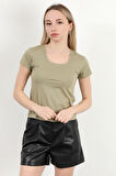 Kadın Kare Yaka Slim Fit Basic T-Shirt Haki - 925062