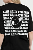Kadın Bisiklet Yaka Sırtı Happy Baskılı T-Shirt Siyah - 925013
