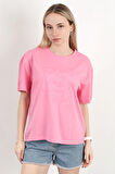 Kadın Bisiklet Yaka Baskılı Pamuklu T-Shirt Pembe - 925033