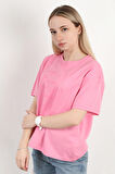 Kadın Bisiklet Yaka Baskılı Pamuklu T-Shirt Pembe - 925033