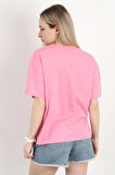 Kadın Bisiklet Yaka Baskılı Pamuklu T-Shirt Pembe - 925033