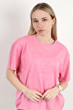 Kadın Bisiklet Yaka Baskılı Pamuklu T-Shirt Pembe - 925033