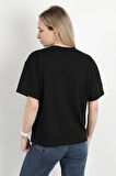 Kadın Bisiklet Yaka Baskılı Pamuklu T-Shirt Siyah - 925033
