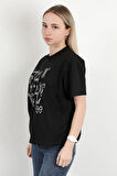Kadın Bisiklet Yaka Baskılı Pamuklu T-Shirt Siyah - 925033