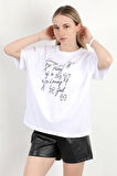 Kadın Bisiklet Yaka Baskılı Pamuklu T-Shirt Beyaz - 925033