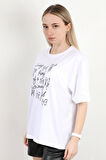 Kadın Bisiklet Yaka Baskılı Pamuklu T-Shirt Beyaz - 925033