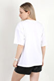 Kadın Bisiklet Yaka Baskılı Pamuklu T-Shirt Beyaz - 925033