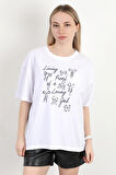 Kadın Bisiklet Yaka Baskılı Pamuklu T-Shirt Beyaz - 925033