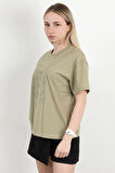 Kadın Bisiklet Yaka Baskılı Pamuklu T-Shirt Haki - 925033