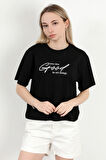 Kadın Bisiklet Yaka Yazı Baskılı Pamuklu T-Shirt Siyah - 925020