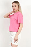 Kadın Bisiklet Yaka Yazı Baskılı Pamuklu T-Shirt Pembe - 925020