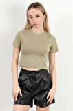 Kadın Bisiklet Yaka Kolu Bedende Basic T-Shirt Haki - 925063