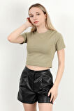 Kadın Bisiklet Yaka Kolu Bedende Basic T-Shirt Haki - 925063