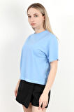 Kadın Bisiklet Yaka Pamuklu Düz Basic T-Shirt Mavi - 925006